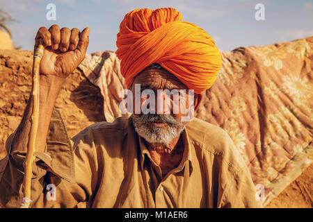 Rajasthani aged man portrait shot at a village near Thar desert Jaisalmer. Stock Photo