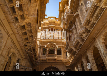 Patwon ki Haveli - Heritage building with intricate artwork and royal residential palace at Jaisalmer, Rajasthan. Stock Photo