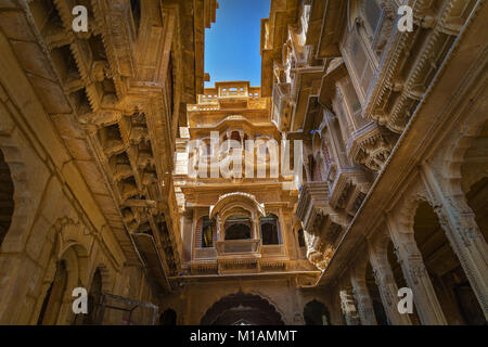 Rajasthan heritage building - Patwon ki Haveli. A beautifully crafted royal residential palace building at Jaisalmer, Rajasthan. Stock Photo