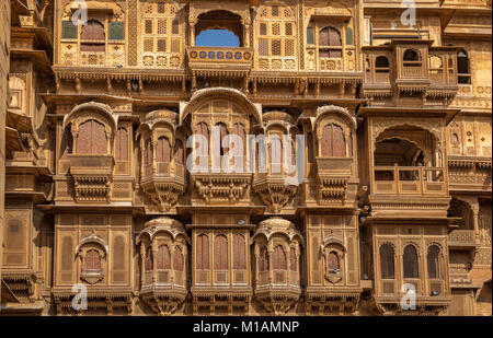 Rajasthan architecture heritage building - Patwon ki Haveli. A beautifully crafted royal residential palace building at Jaisalmer, Rajasthan. Stock Photo