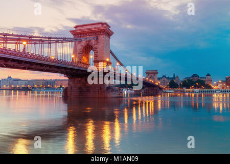 Czechenyi Chain Bridge in Budapest, Hungary, early in the morning. Focus on the bridge Stock Photo
