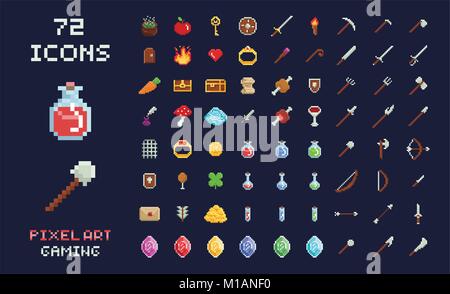 Pixel art vector game design icon video game interface set. Weapons, food, items, potion, magic. Stock Vector