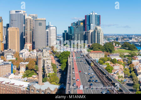 View of Sydney CBD and highway traffic on Harbour Bridge Stock Photo