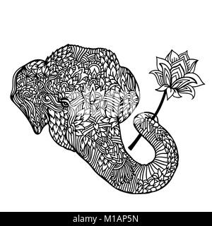Portrait of an elephant with a lotus flower in asian style. Mandala pattern for adult coloring book. Vector black and white illustration. Stock Vector