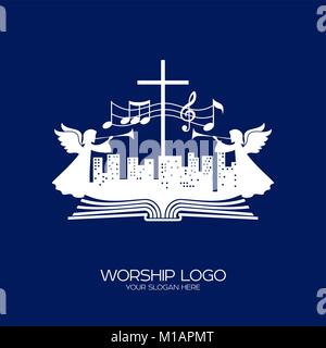 Music logo. Christian symbols. People of all nations and nationalities sing a song of worship to God. Stock Vector
