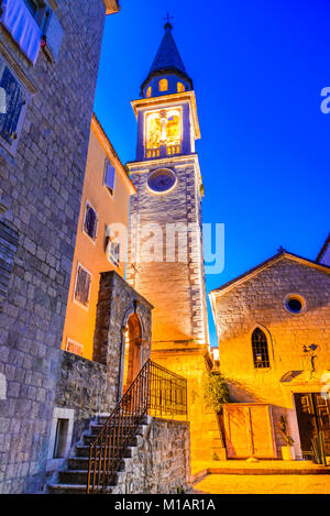 Budva, Montenegro. Sveti Ivan (St. John) Catholic Church Cathedral, Adriatic Sea. Stock Photo