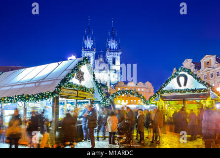 PRAGUE, CZECH REPUBLIC - 18 DECEMBER 2016: Christmas Market in Stare Mesto old square, Tyn Church, Bohemia. Stock Photo