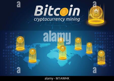 Golden Bitcoin in shining light effect on world map infographic. Blockchain technology for cryptocurrency. Letter B coins vector illustration Stock Vector