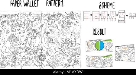 Hand drawn pattern with animals and objects. Vector doodle texture. Wallet print layout. Stock Vector