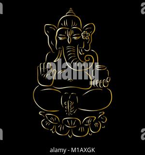 Hindu God Ganesha. Golden Ganapati. Vector hand drawn illustration. Meditation in lotus pose Stock Vector