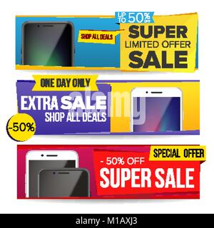 Sale Banner Collection Vector. Mobile Phone. Website Color Web Banners Design. Advertising Element. Shopping Backgrounds. Isolated Illustration Stock Vector