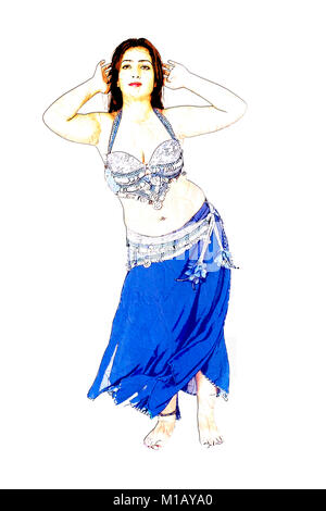 Digitally enhanced image of a Belly dancer in blue skirt and top Stock Photo