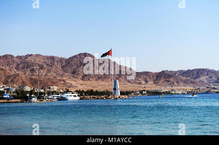 The Arab revolt flagpole is a major landmark in Aqaba, Jordan. Stock Photo