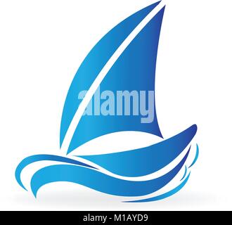 Blue boat in the sea, vector icon Stock Vector