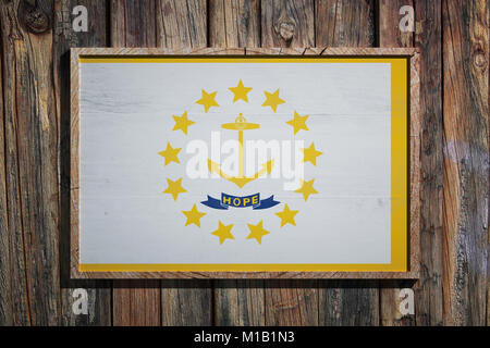 3d rendering of a Rhode Island State USA flag on a wooden frame and a wood wall Stock Photo