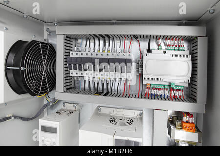 Electrical background,voltage switchboard with circuit breakers. Stock Photo