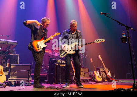 Norway, Bergen - November 17, 2017. The English band 10cc performs a live concert at Grieghallen in Bergen. Here vocalist and bass player Graham Gouldman (R) is seen live on stage with guitarist Rick Fenn (L). (Photo credit: Gonzales Photo - Jarle H. Moe). Stock Photo