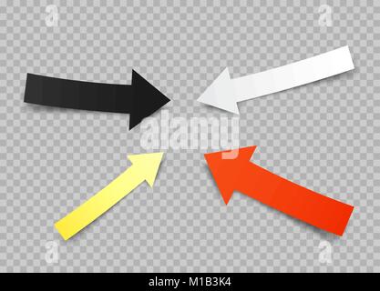 Paper arrows set with shadow on transparent background. Different colors white red, black, yellow direction pointer collection Stock Vector