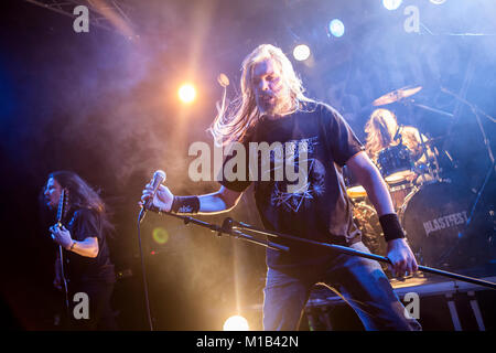 Norway, Bergen - February 22, 2015. The Dutch death metal band Asphyx performs a live concert during the Norwegian heavy metal festival Blastfest 2015 in Bergen. Here vocalist Martin van Drunen is seen live on stage. (Photo credit: Gonzales Photo - Jarle H. Moe). Stock Photo