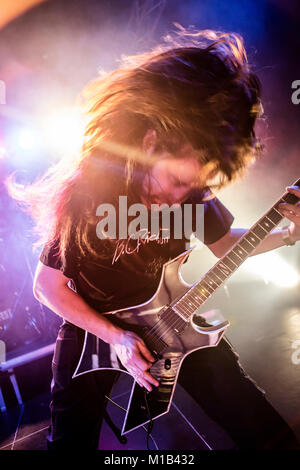 Norway, Bergen - February 22, 2015. The Dutch death metal band Asphyx performs a live concert during the Norwegian heavy metal festival Blastfest 2015 in Bergen. Here guitarist Paul Baayens is seen live on stage. (Photo credit: Gonzales Photo - Jarle H. Moe). Stock Photo