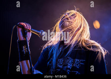 Norway, Bergen - February 22, 2015. The Dutch death metal band Asphyx performs a live concert during the Norwegian heavy metal festival Blastfest 2015 in Bergen. Here vocalist Martin van Drunen is seen live on stage. (Photo credit: Gonzales Photo - Jarle H. Moe). Stock Photo