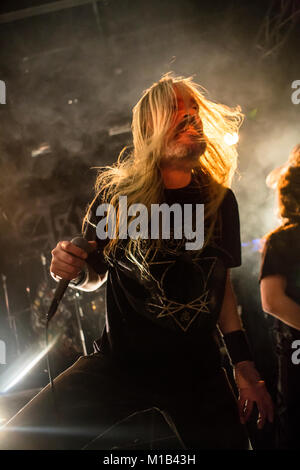 Norway, Bergen - February 22, 2015. The Dutch death metal band Asphyx performs a live concert during the Norwegian heavy metal festival Blastfest 2015 in Bergen. Here vocalist Martin van Drunen is seen live on stage. (Photo credit: Gonzales Photo - Jarle H. Moe). Stock Photo