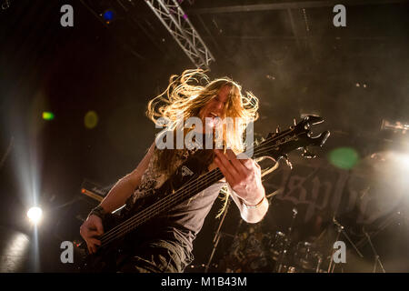 Norway, Bergen - February 22, 2015. The Dutch death metal band Asphyx performs a live concert during the Norwegian heavy metal festival Blastfest 2015 in Bergen. Here bass player Alwin Zuur is seen live on stage. (Photo credit: Gonzales Photo - Jarle H. Moe). Stock Photo