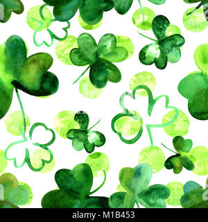 Irish Music seamless pattern, watercolor shamrocks and notes Stock Photo