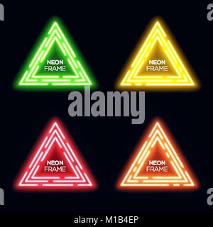 Green yellow red orange neon light triangles set. Shining techno frame collection. Night club 3d banners on dark blue backdrop. Neon abstract tech background with glow. Technology vector illustration. Stock Vector