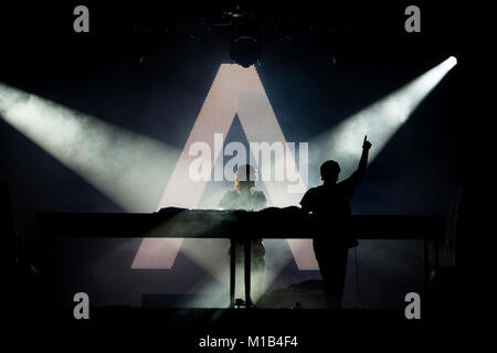 Axwell & Ingrosso (stylised as Axwell Λ Ingrosso) is a Swedish musical duo consisting of the former Swedish House Mafia members Axwell and Sebastian Ingrosso. Here they perform a live show at the Norwegian music festival UKEN 2016 in Bergen. Norway, 10/03 2016. Stock Photo