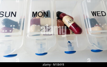 Amoxicillin and Flucloxacillin Antibiotics capsules in weekly pill organizer. Stock Photo
