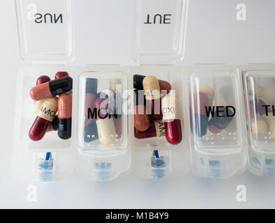 Amoxicillin and Flucloxacillin Antibiotics capsules in weekly pill organizer. Stock Photo