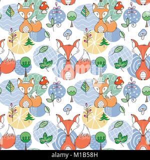 Seamless pattern with doodle foxes and woods. Wild background with cute scandinavian animals. Vector illustration. Stock Vector