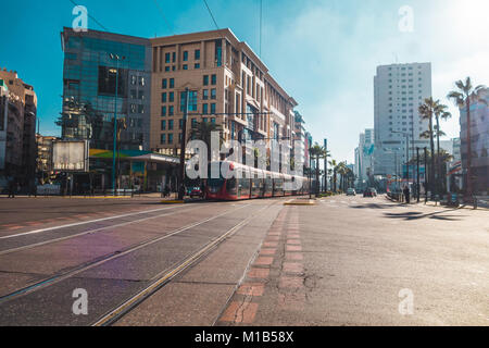 Casablanca, Morocco - 21 January 2018 : view of tram passing on railways in the financial district Stock Photo