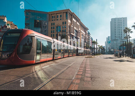 Casablanca, Morocco - 21 January 2018 : view of tram passing on railways in the financial district Stock Photo