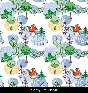 Seamless pattern in scandinavian style with cute tree and leaves. Forest vector illustration Stock Vector