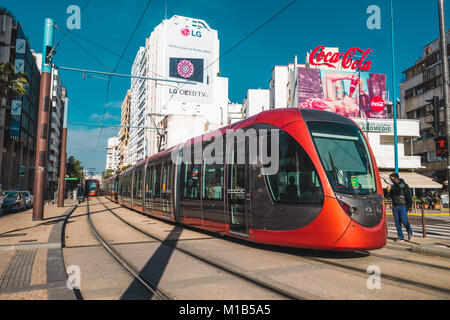 Casablanca, Morocco - 21 January 2018 : view of tram passing on railways in the financial district Stock Photo