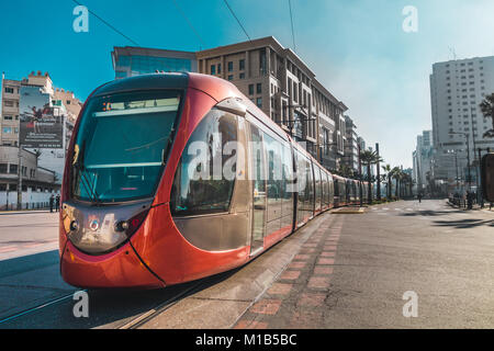 Casablanca, Morocco - 21 January 2018 : view of tram passing on railways in the financial district Stock Photo