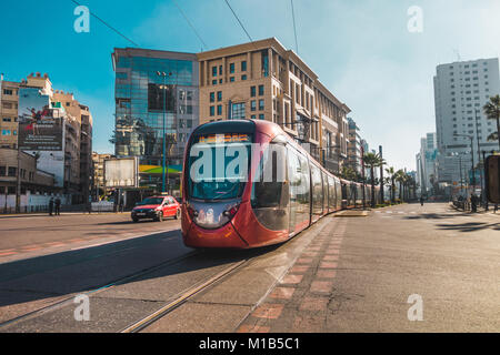 Casablanca, Morocco - 21 January 2018 : view of tram passing on railways in the financial district Stock Photo