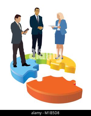 Businesspeople are standing on jigsaw puzzle shown as an organizational structure of the company. Stock Vector