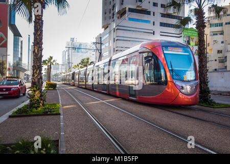 Casablanca, Morocco - 21 January 2018 : view of tram passing on railways in the financial district Stock Photo