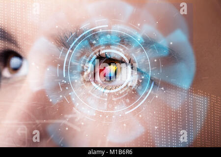 Future woman with cyber technology eye panel concept Stock Photo