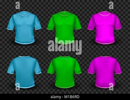 Blue green pink and purple empty t-shirt template with shaow on transparent background. Human shirt clothes set collection Stock Vector