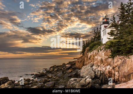Bass Harbor Head Lighthouse at Sunset - Acadia National Park, Maine, United States Stock Photo