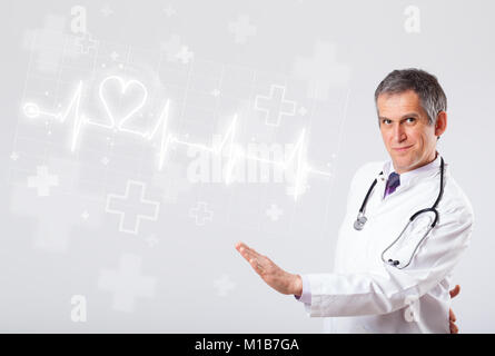 Proffesional doctor examinates heartbeat with abstract heart Stock Photo