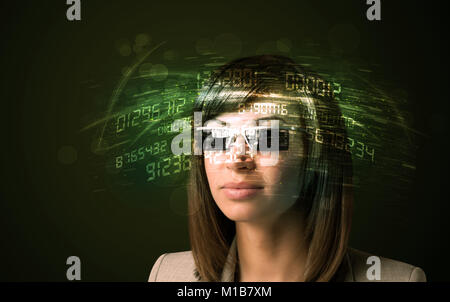 Business woman looking at high tech number calculations concept Stock Photo