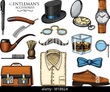 gentleman accessories. hipster or businessman, victorian era. engraved hand drawn vintage. brogues, mustache, shirt and cigar. cylinder hat, smoking pipe, straight razor, monocle, pince-nez Stock Vector