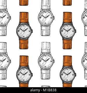 wristwatch seamless pattern or wristlet watch, classic man with bracelet. accessory for time tracking. victorian era. engraved hand drawn in old vintage sketch. Stock Vector