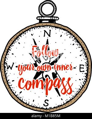 sea compass. marine accessory with a quote. engraved hand drawn in old vintage sketch. Stock Vector