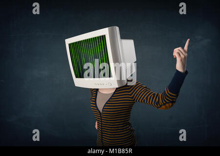 Cyber business human with a monitor screen and computer code on the display Stock Photo